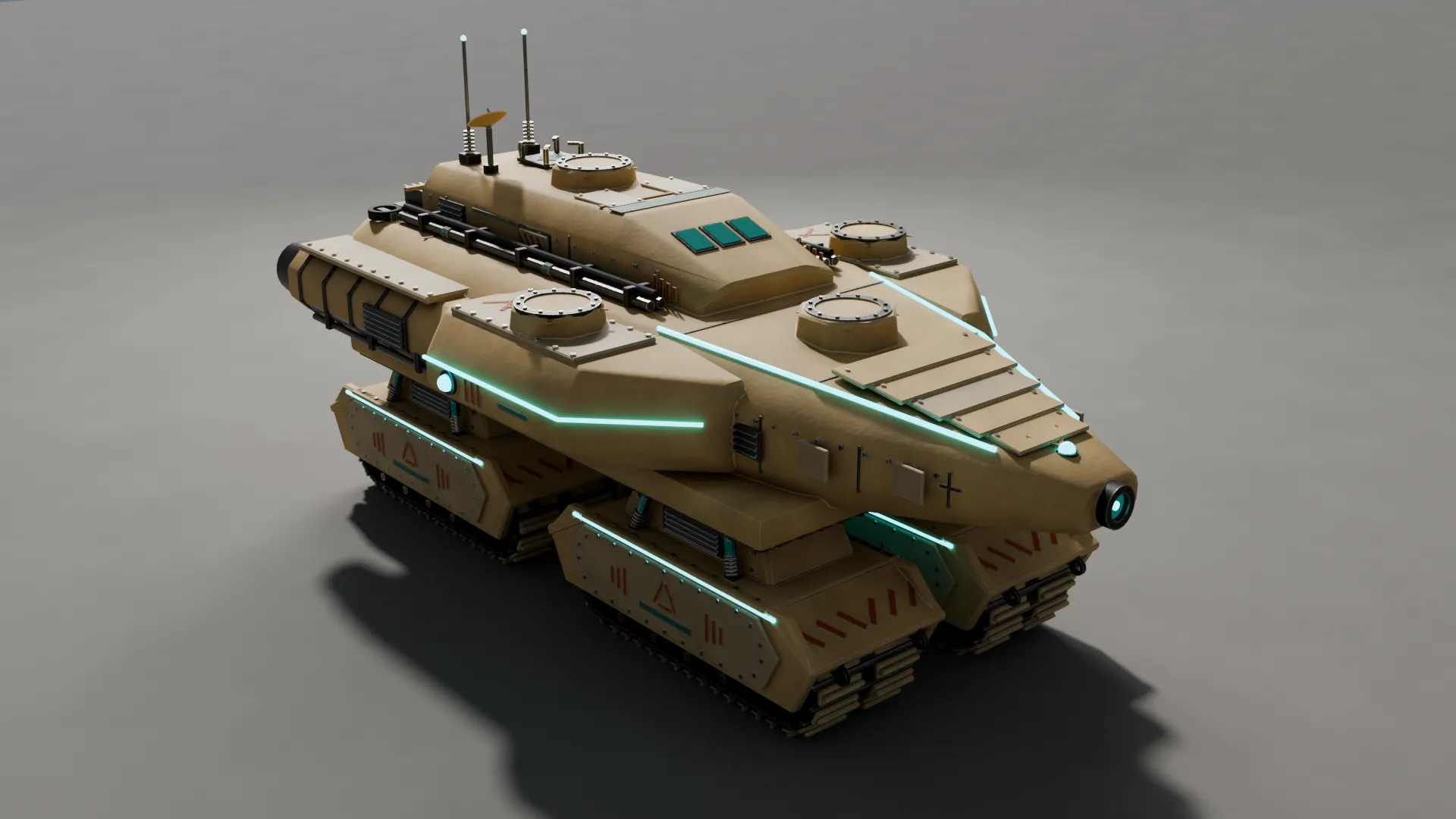 The Dune Skimmer, a sand-coloured Nomad battle fortress with teal emissive trim.