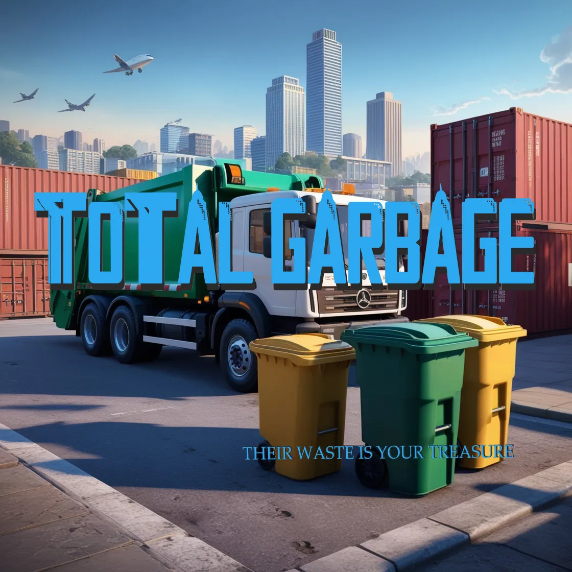 Total Garbage key art — a green garbage truck beside wheelie bins and shipping containers under the Total Garbage logo.