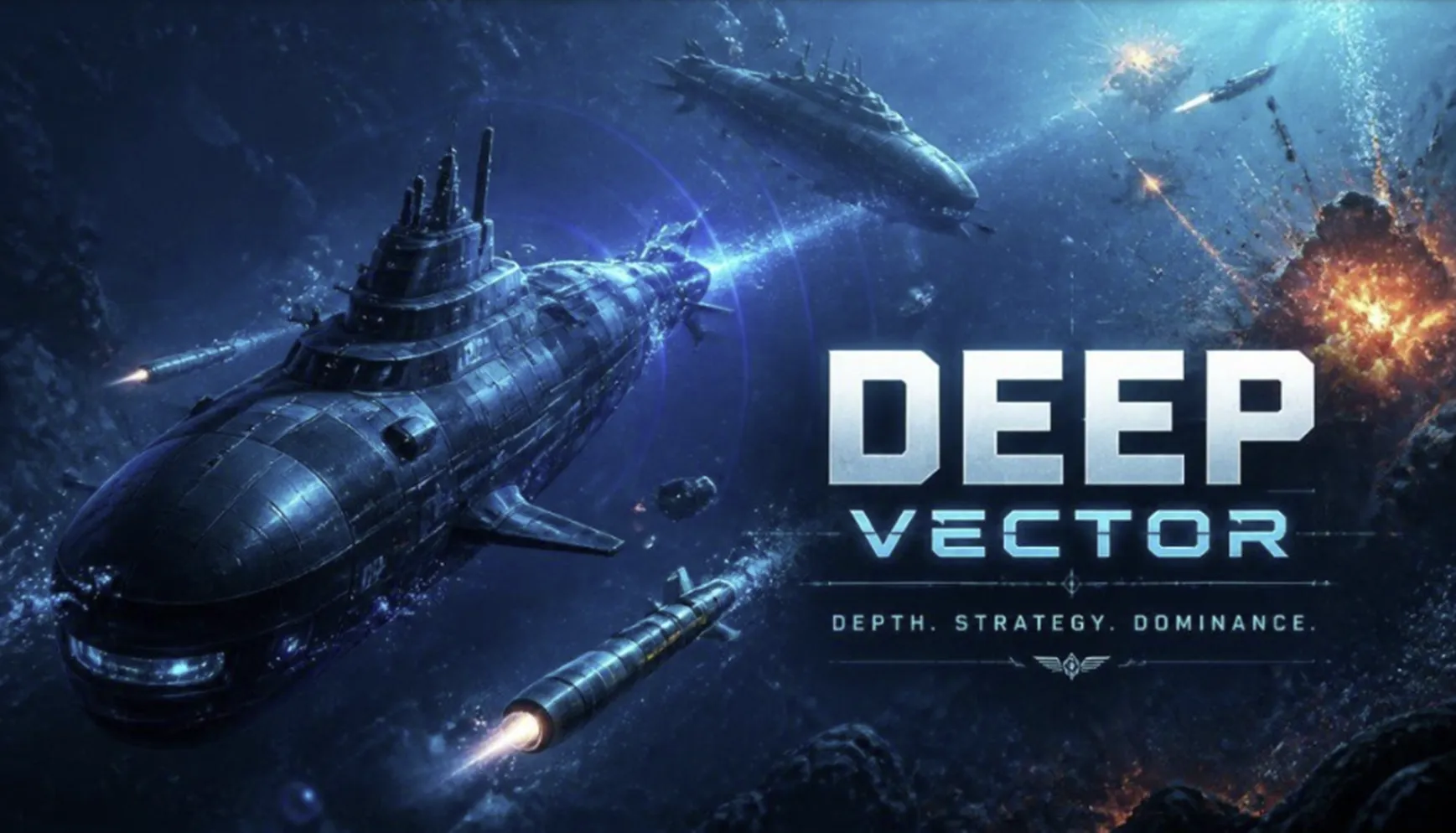 Deep Vector key art — a heavily armoured submarine fires a torpedo through a battle-lit ocean, with the Deep Vector logo.