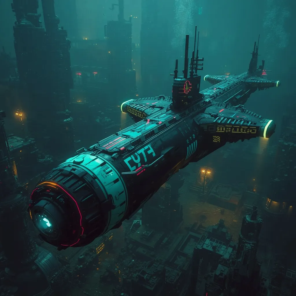 Concept art of a submarine with a glowing red engine ring over a sunken city.