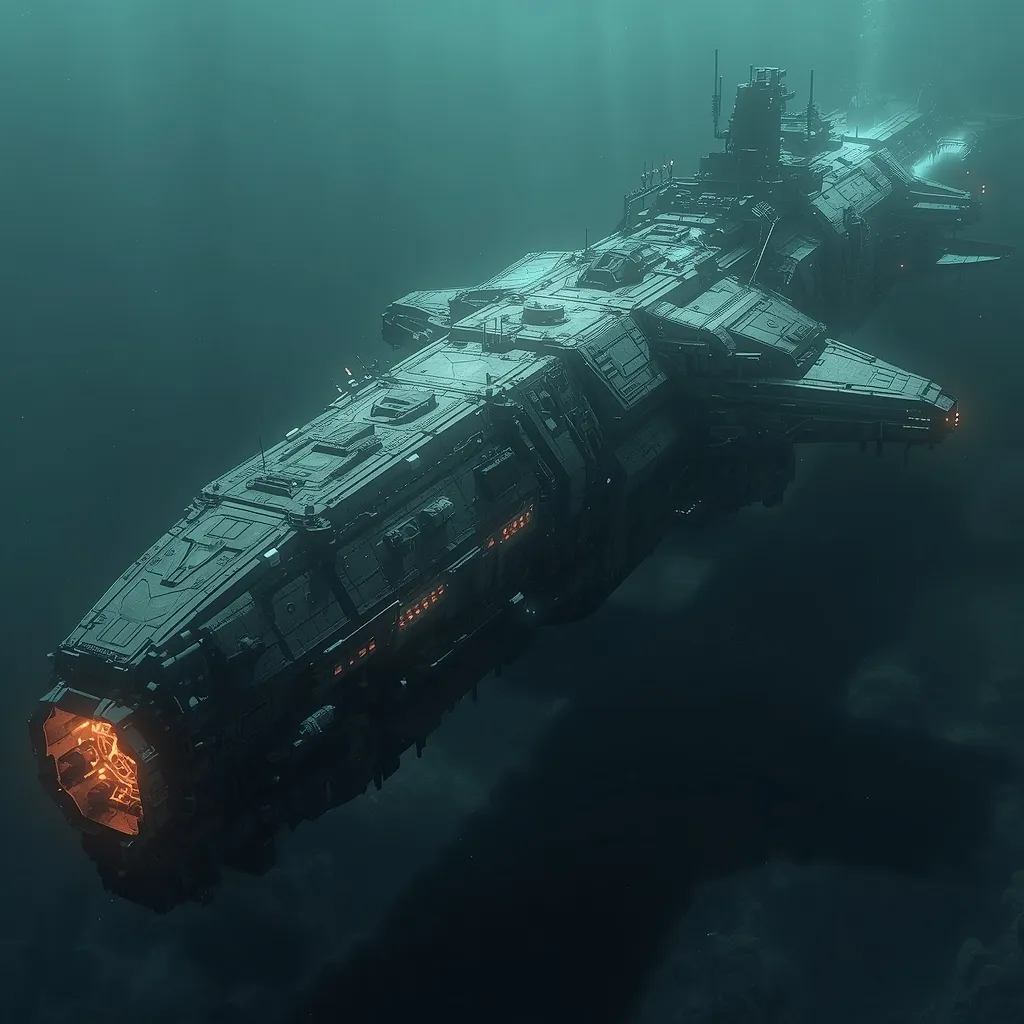 Concept art of a battle-scarred submarine gliding through murky green water.
