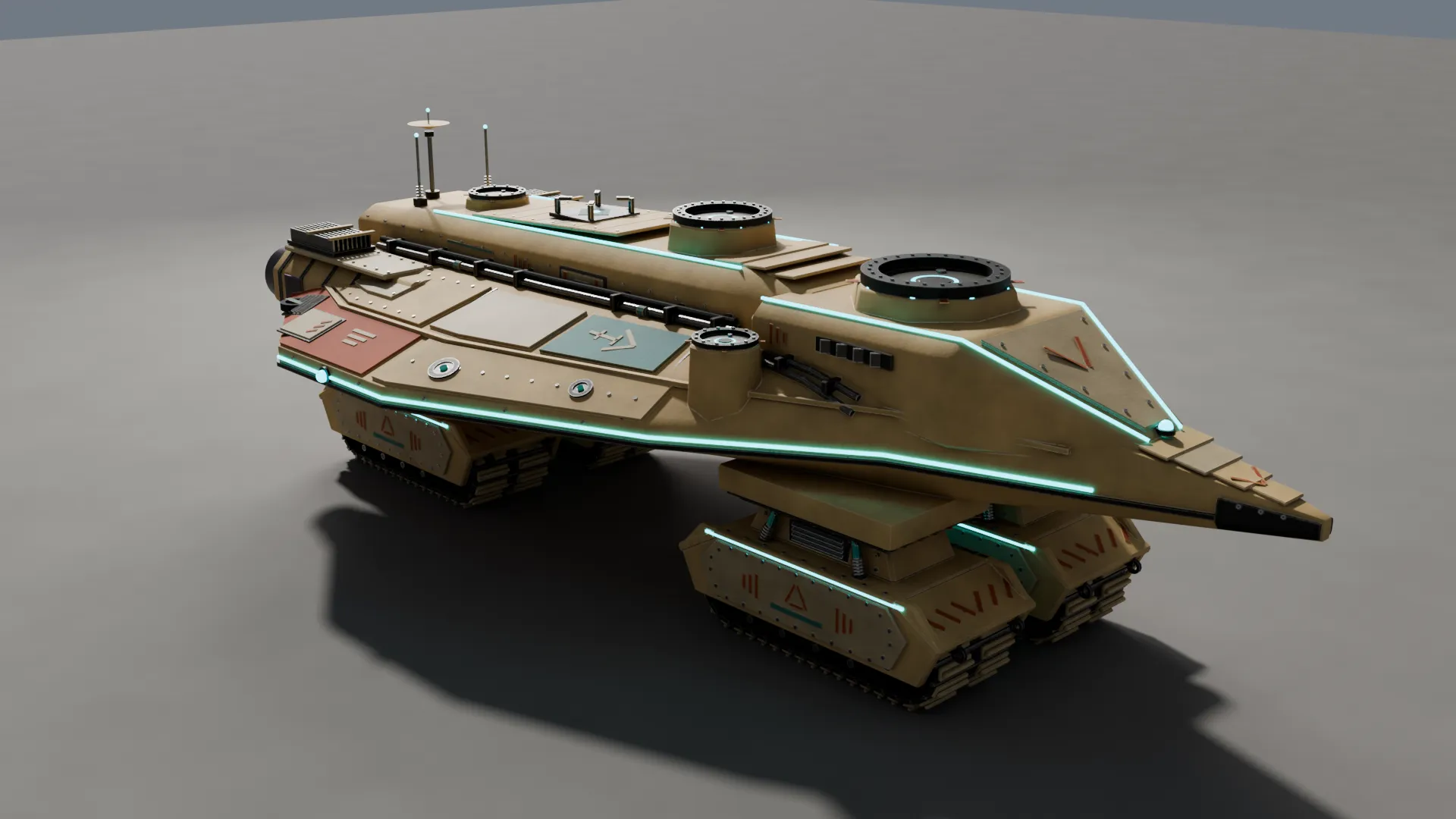 3D render of the Sandstrike, a long arrowhead-shaped Nomad fortress on treads.