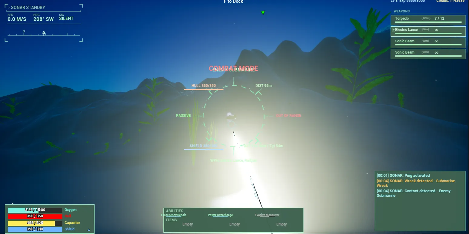 First-person view from the submarine cockpit looking at a bright underwater flare.