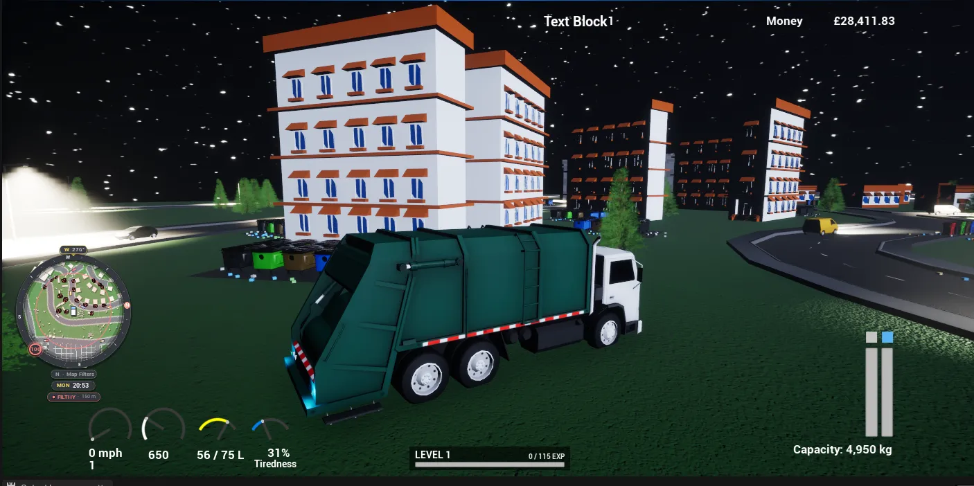 A green garbage truck at night beside a block of flats under a starry sky.